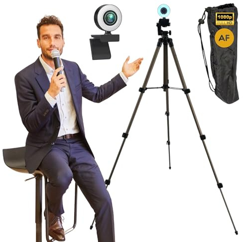 TronicXL Autofokus webbkamera med ringljus lampa 113 cm stativ full HD 1920 x 1080p I 2 mikrofoner stereo brusreducering bakgrund I för dator PC laptop för Xbox