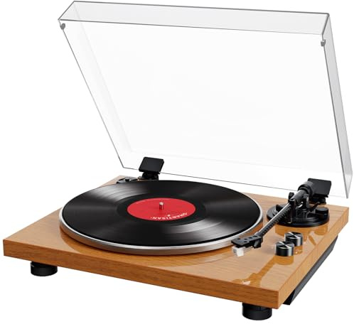 Regevo Bluetooth Plattenspieler mit AT-3600L-Stift, Einstellbarer Geschwindigkeit (33 und 45 U/min) – Anti-skate-Steuerung und Tonhöhenregelung für ausgewogenen, detailreichen Sound-Holzmaserungsfarbe