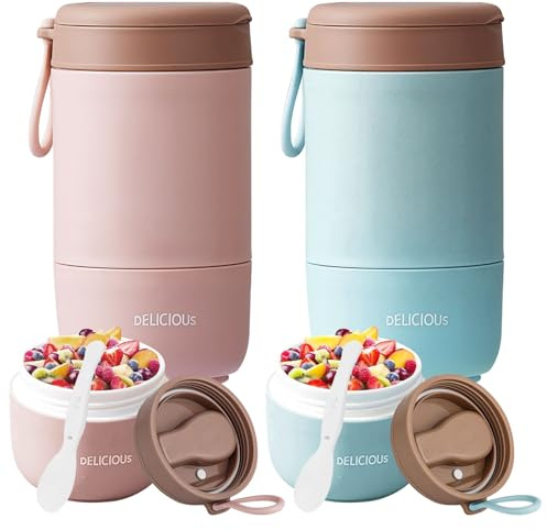 2 vasos de cereales para llevar con tapa, material de polipropileno, vasos de yogur para llevar con cuchara, 780 ml, vaso de cereales para llevar, doble capa, a prueba de fugas, perfecto para el