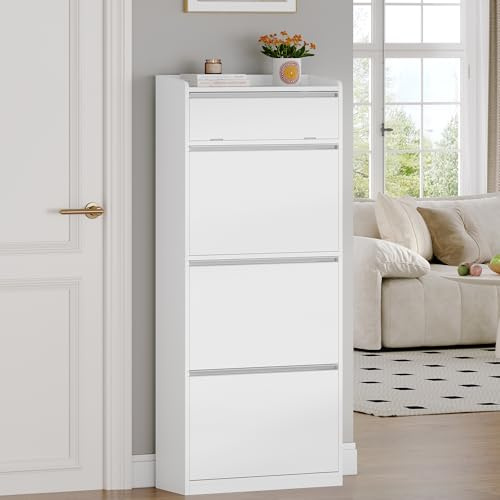 HEXCELEN Schuhschrank Schmal mit 3 Klapptüren, Schuhkipper, Schuhschrank Schmal Hoch mit 1 Dropdown Speicher, 12-18 Paar Schuhe, Verstellbare Einlegeböden, für Flure, Eingang, 60 x 24 x 145 cm, Weiß