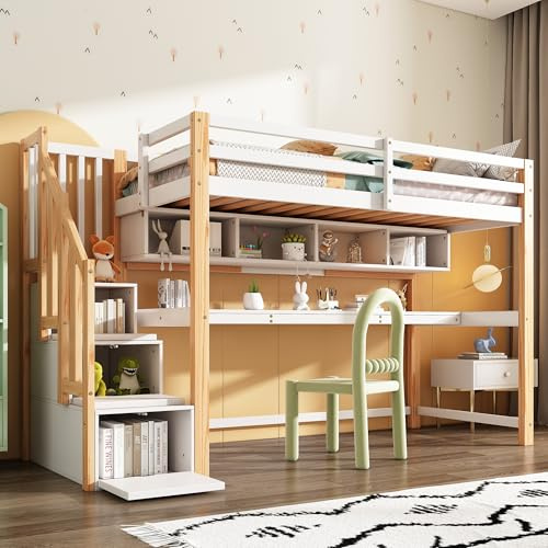EINHOM Bunk Bed for Kids, 3ft Wood Bed with Large Desk and Shelves, Children's Loft Bed with Storage Stairs, Slatted Frame, White+Natural, 90x190 cm (No Mattress)