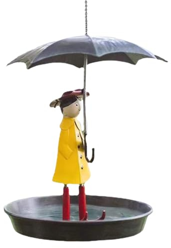 Mangiatoia per uccelli da esterno – design appeso ragazza e ombrello, accessorio decorativo da giardino, stazione di attrazione per uccelli, superficie resistente alle intemperie, per gli amanti del