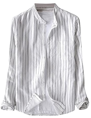 Summer Cotton Linen Shirts for Men Grandad Collar Shirt Button Down Regular Fit T-Shirts with Pocket Beach Short Sleeve Henley Shirts Striped Printed Casual Tee Tops Lightweight Tops Size S-5XL White