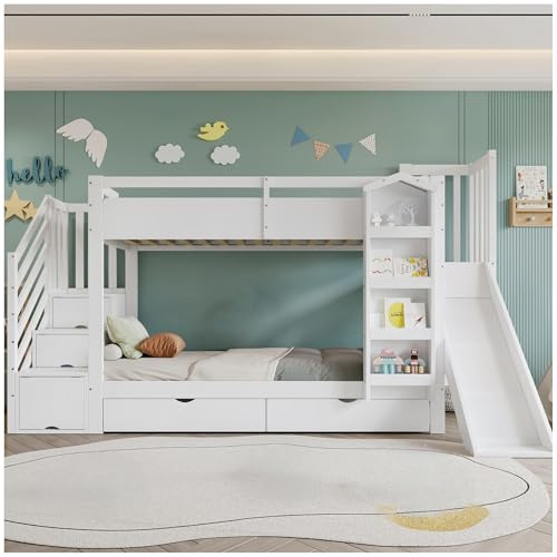 Lekvvied Letto a castello 90x200 cm per bambini con scivolo, libreria, 2 cassetti con ruote e scala con contenitore, cameretta bambino, cameretta bambino, Bianco (Senza materasso)