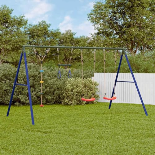 Set di altalena con seduta a trapezio e altalena da arrampicata, robusta struttura in metallo, attrezzatura da gioco per bambini, struttura da arrampicata 3 in 1 con corda e anelli da ginnastica
