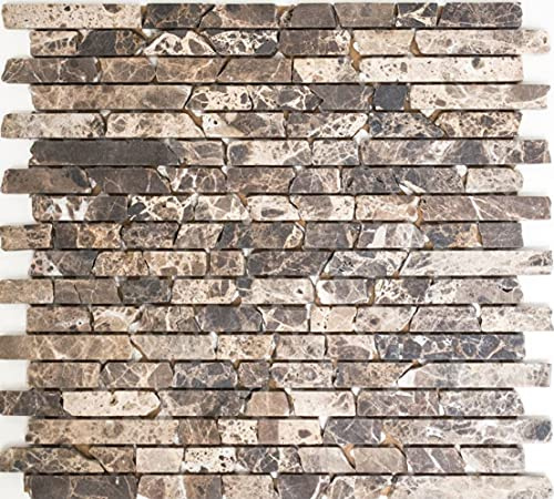 Mosaik Brick Impala brun flammad marmor natursten kök, mosaiksten format: 25–105 x 15 x 8 mm, bågstorlek: 305 x 322 mm, 10 ark
