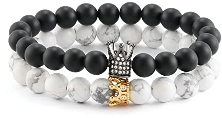 POSHFEEL 8mm Natural Stone CZ Micro Pave Crown King Queen Beads His and Hers Couple Bracelet, 7.5 (Black&White)