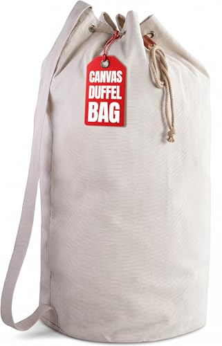 Canvas Duffel Bag - Drawstring, Leather Closure, Shoulder Strap.