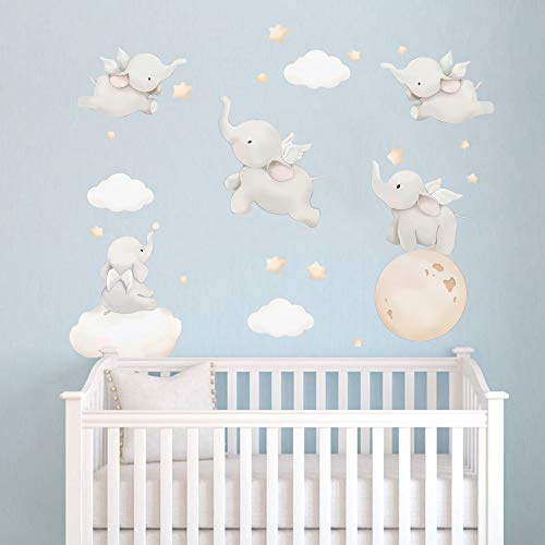 Runtoo Elephant Wall Decal Kids Animals Art Wall Stickers Baby Nursery Bedroom Space Wall Décor