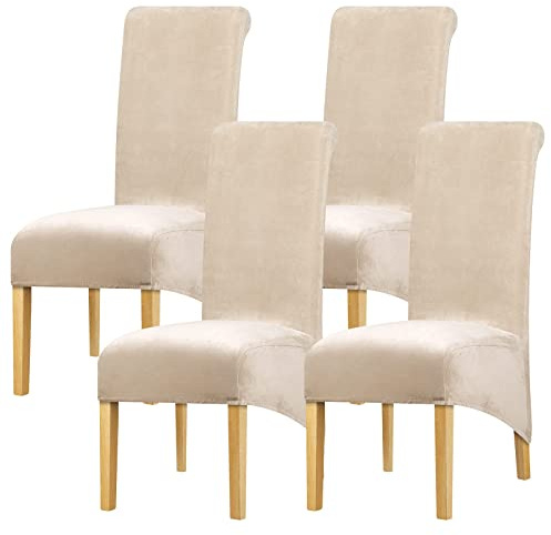 Leorate Velvet Dining Chair Covers Set of 4 – Stretch High Back Slipcovers for Dining Chairs, Beige Soft Velvet, Washable Removable Furniture Protector for Kitchen, Banquet & Wedding Decor