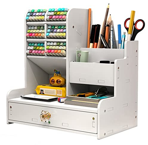 Vikmyer Portamatite in Legno, Organizer da Scrivania Portapenne Multifunzionale da Scrivania per Cancelleria per Ufficio a Casa Scaffale per Rifornimenti Scolastici con Cassetto (Bianco-pb17)