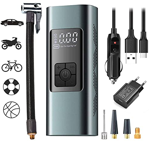 Compresseur à Air Portatif, 6000mAh Mini Pompe à Air Électrique, 150PSI Pompe a Velo Electrique, Compresseur avec Affichage Numérique Lumière LED et Port C USB pour Pneus de Moto, Voiture, Velo, etc