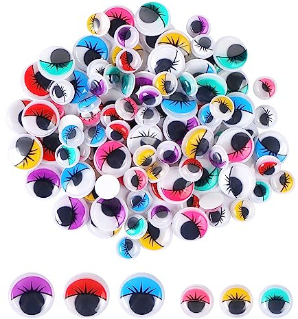 MIDELONG Googly Wiggle Eyes with Eyelashes, Plastic Self Adhesive Assorted Colors for DIY Arts Craft Sticker Eyes Scrapbooking Decorations 10mm and 15mm, 100 PCS