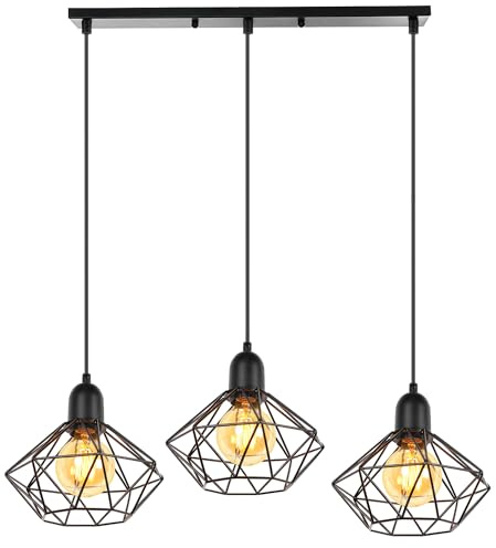 PETITES ECREVISSES Lampadario a sospensione con 3 lampade industriali, lampadario da soffitto, per interni, vintage, in metallo, 20 cm, lampada E27, corda regolabile per soggiorno e cucina
