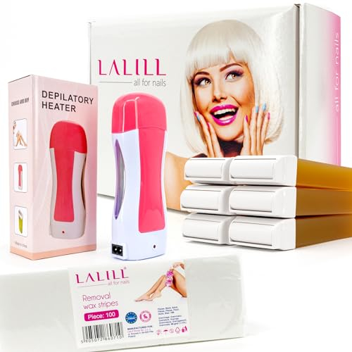 LALILL Waxing Set – Enthaarungsset bestehend aus: 100 Stück Vliesstreifen für Wachs, Wachskartuschen 100 ml x 6, Wachserhitzer für Wachskartuschen (Rosa, Blau, Schwarz)