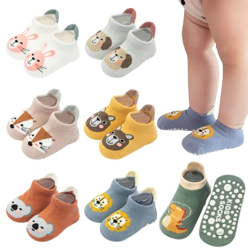 VEGCOO 7 Paires Chaussette Antiderapante Bebe, Chaussettes Antidérapantes en Coton de Dessin Animal Mignon avec des Points de Colle sur le Bas (M,1-3ans, FR/ES, Âge, Taille unique)