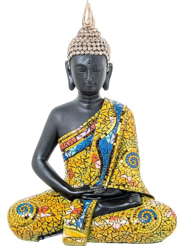 DRW Figura di un Buddha con Mosaico in Resina Multicolore 17x41x29 cm