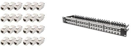 DIGITUS Keystone-modul Cat-6A skärmad - 24 stycken - RJ45-jack - 500 MHz 10GBase-T - AWG 26-22 & DIGITUS Patchpanel - Modulär - För Keystone-moduler - 19 tum - 48 portar - Skärmad - Svart