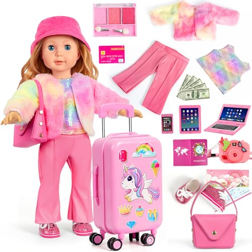 WONDOLL American 18 inch Girl Doll Clothes and Accessories Girl-Travel Suitcase Luggage, Clothes and Shoes, Bag, Sunglasses, Camera, Passport, Notebook, Phone, Pad Travel Gear Play Set(No Doll)