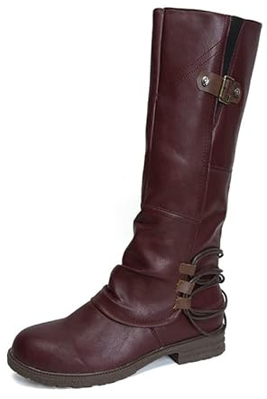 Botines para mujer, botas anchas, botas de invierno para mujer, botas de caña ancha, botas largas, planas, antideslizantes, de piel, zapatos de motorista, botas altas hasta la rodilla, Vino, 41