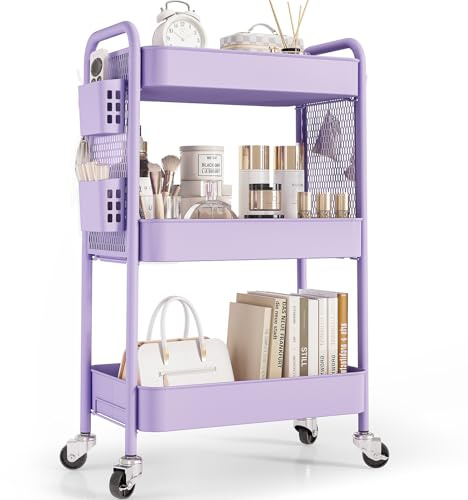 TOOLF Organizador de almacenamiento con ruedas de 3 niveles, coche utilitario rodante de metal con ruedas, ganchos y contenedores, arte esteticista, almacenamiento resistente con tablero de clavijas
