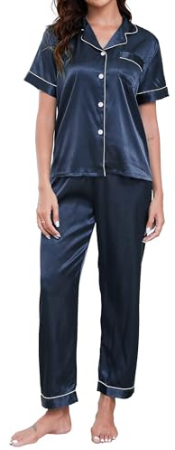 TeJoyce Damer sommar satin pyjamas, tvådelad sidenpyjamas kvinnor, set kortärmade toppar med knappar och byxor lång, lätt och elegant sidenpyjamas för natten S–XXL, Mörkblå, XL