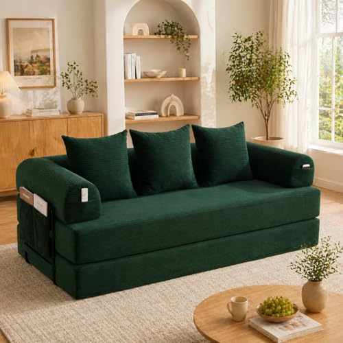 KOMHTOM Canapé 3 Places en Velours Côtelé avec 3 Coussins Confortables, DIY Libre et Structure Métal - Canapé Convertible Moderne (Vert-B)