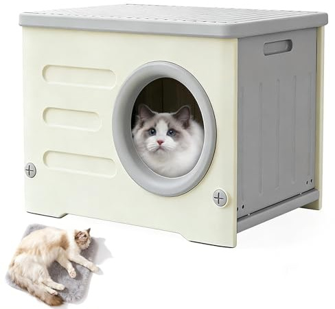 Waterproof Cat House Outdoor & Indoor, Semi-Enclosed HDPE Cat Shelter with Detachable Base - All-Weather Outdoor Cat Shelterfor Small Cats, Dogs, 54x41x31cm