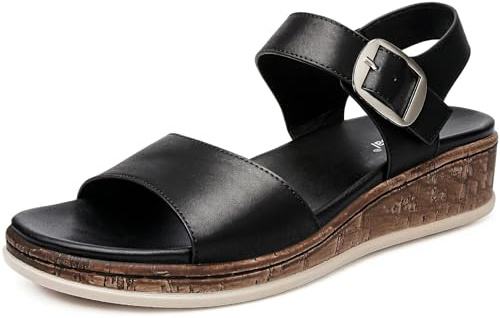 DimaiGlobal Sandales pour Femme à Talon Compensé avec Soutien de la Voûte Plantaire Sandales Plateforme Confortables à Bout Ouvert et Bride à la Cheville pour Été 39EU Noir