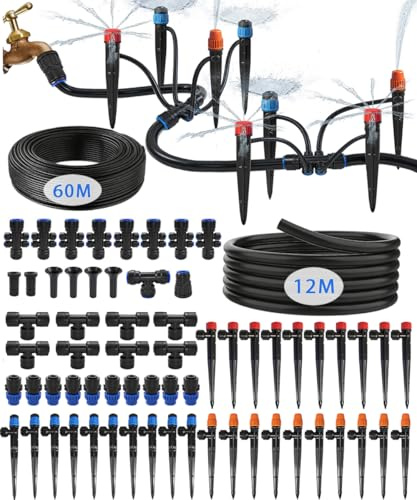 72m Irrigation System Kit For Garden with 40 Nozzles, Quick-Connect Garden Watering System with 1/2 & 1/4 Fast-Lock Tube. For Greenhouse, Raised Garden and Potted Plants (12m+60m)