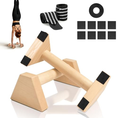 Liegestützgriffe, 2 Stück Liegestützgriffe aus Holz, Push Up Bars, Holz Parallettes, Calisthenics Equipment, mit 1 Rollen Klebeband und 1 Paar Armband, für Calisthenics