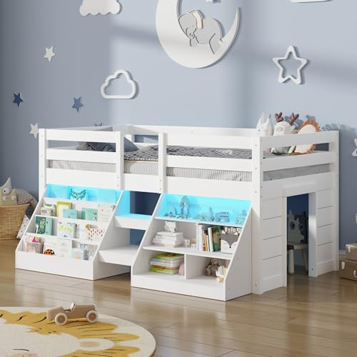 St.Mandyu Twin Size Low Loft Bed with LED Lights, Twin Loft Bed with Stairs, Bookcase, Safety Guardrail and Under-Bed Play Space, White