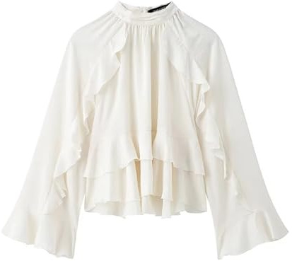UJEDFHV Volangblus för dam, volangblusar för kvinnor, halvgenomskinliga, casual, långärmad, elegant och vårtröja för fest, Vitt och blått, XS