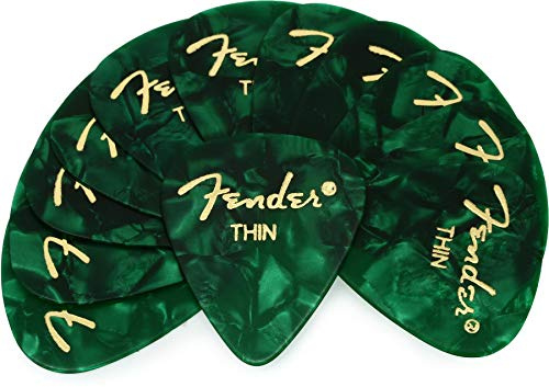 Fender Premium Celluloid 351 Shape Picks, Thin, Green Moto, 12-Pack