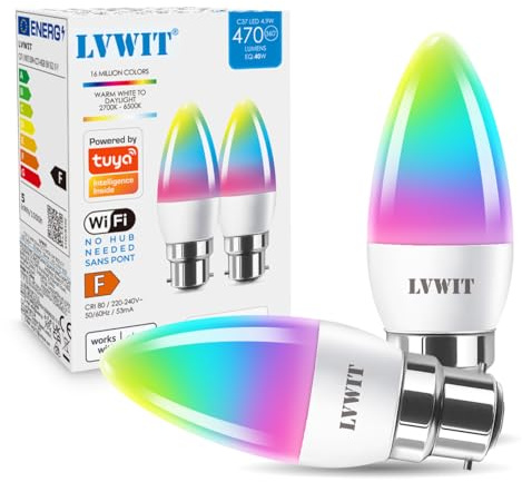 LVWIT B22 Smart Candle Bulb Bayonet, RGB Color B22 Dimmable Bulbs,Music Sync WiFi Bulbs, 470Lm, 4.9W Compatible with Alexa, Echo and Google Home, Smart Candle Light Bulbs (Pack of 2)