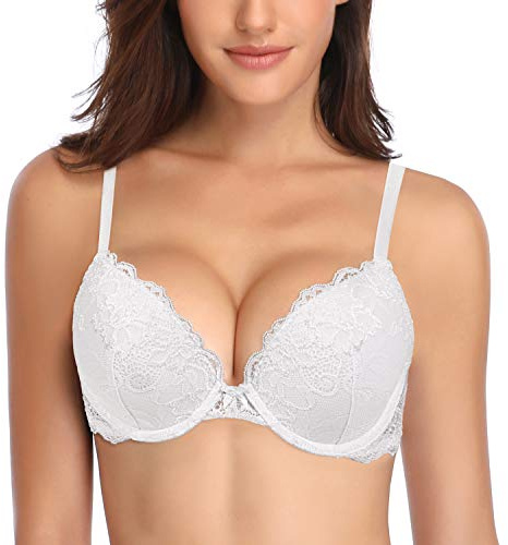 Deyllo Sujetador Push-up de Encaje Mujer, cómodo y Acolchado, con Aros, para Aumentar una Talla Blanco 90C