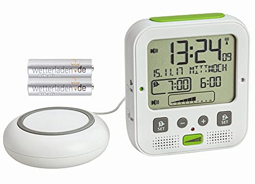 TFA Dostmann 60.2538.02 Boom Réveil radio-piloté avec alarme vibrante (blanc/vert avec piles)