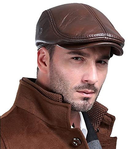 WANHUHOU Berets Men's Outdoor Leather hat Winter Male Warm Ear Protection Cap 100% Genuine Leather hat Leisure (X-Large, Brown)