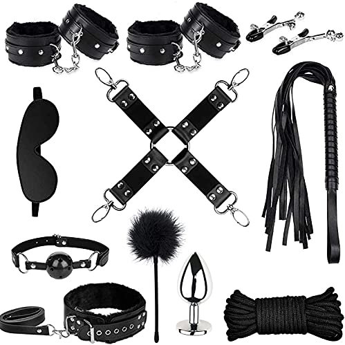 Bondage Set Bettfesseln, 11 Stück SM Bondage Set mit Fesseln, Fetisch Bettfesselsets mit Handschellen, Augenmaske, Buttplug, Erotisches Sexspielzeug für Paarliebhaber Sexspiel