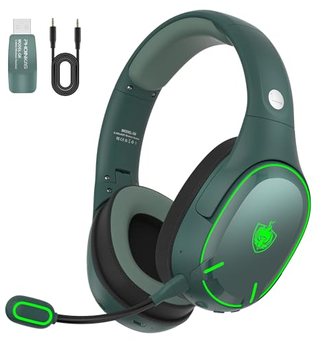 PHOINIKAS Cascos Gaming Inalámbricos para PC/PS5/PS4, Auriculares Gaming Inalámbricos de 2,4GHz USB Wireless+Bluetooth 5.3, Baja Latencia Calidad de Sonido 7.1 sin Pérdidas, 30+ Horas, Luz LED (Verde)