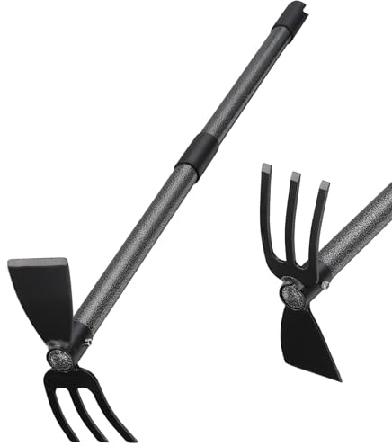 Hoe and Cultivator Gardening Hand Tools, Heavy Duty Stainless Steel Garden Hoe and 3 Fork Hand Tiller for Gardening Weeding Planting with Adjustable Handle 45 inch