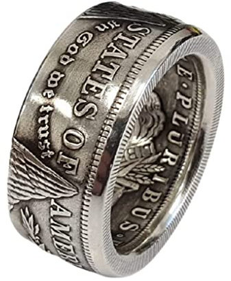 HUUGVBCO Anillo de moneda hecho a mano, de titanio, plata, vintage, hecho a mano de réplica del dólar de Morgan, anillo de talla 6-13, para mujeres y hombres, 5 UK, Metal, No.
