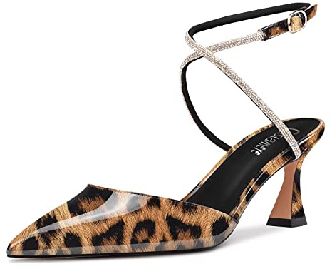 Castamere Donna Medio Spillo Tacco Heel a Punta Cinturino Incrociato Diamante Cristallo 6.5 CM Heels Multicolore Leopardo 44 EU