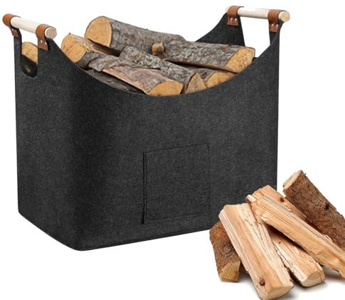 Panier à Bois de Chauffage, Sac en Feutre pour Cheminée, avec Poignée en Bois Renforcé, pour Journaux, Jouets, 45x32x40 cm, Gris Foncé