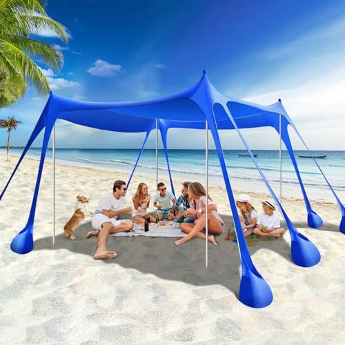 Rhino Valley Beach Tent, 10 x 10 FT Beach Shade UPF50+ Protection, BeachCanopy with 8 Sandbags 4 Stability Poles, Outdoor Beach Tent Sun Shelter Umbrella for Sand, Camping, Fishing Essentials, Indigo