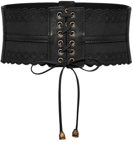 SCARLET DARKNESS Damen Mittelalter Gürtel PU-Leder Lace-up vorne Corset Hollow Out Elastische Taille Retro Gürtel Schwarz M