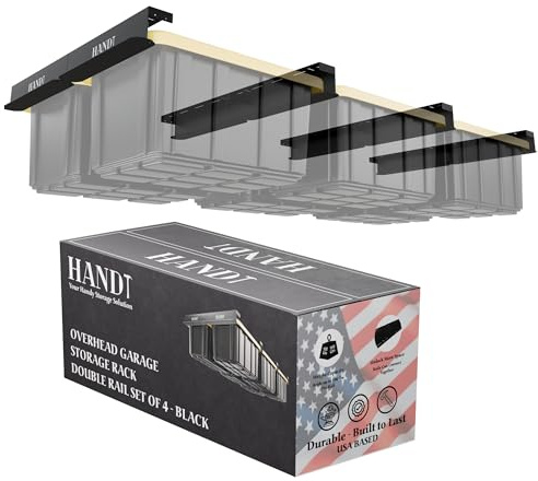HANDT Overhead Garage Storage Rack, Connectable Heavy Duty Metal Ceiling Rails For Garage Storage Organization Shelving System (Black, 6 Bins)