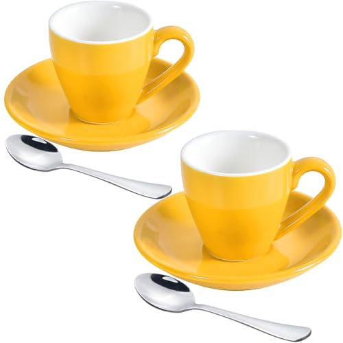 ionEgg Espressotasse aus Porzellan mit Untertasse und Mini-Löffeln aus Edelstahl, Espresso-Schnapsbecher, 80 ml, 2 Stück, Gelb