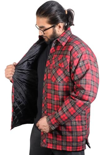 True Face Men's Padded Shirt Lined Lumberjack Jacket – Warm Winter Casual Work Check Top with Zipper, Long Sleeve, Ideal for Outdoor and Layering Red Black - Padded Shirt L