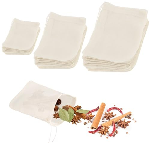 MOLENCO 30 Pcs Bolsas de Especias para Cocinar, Bolsas Filtro de Muselina de Algodón, 3 Tamaños Diferentes Bolsas de te para Té, Café, Filtros, Especias